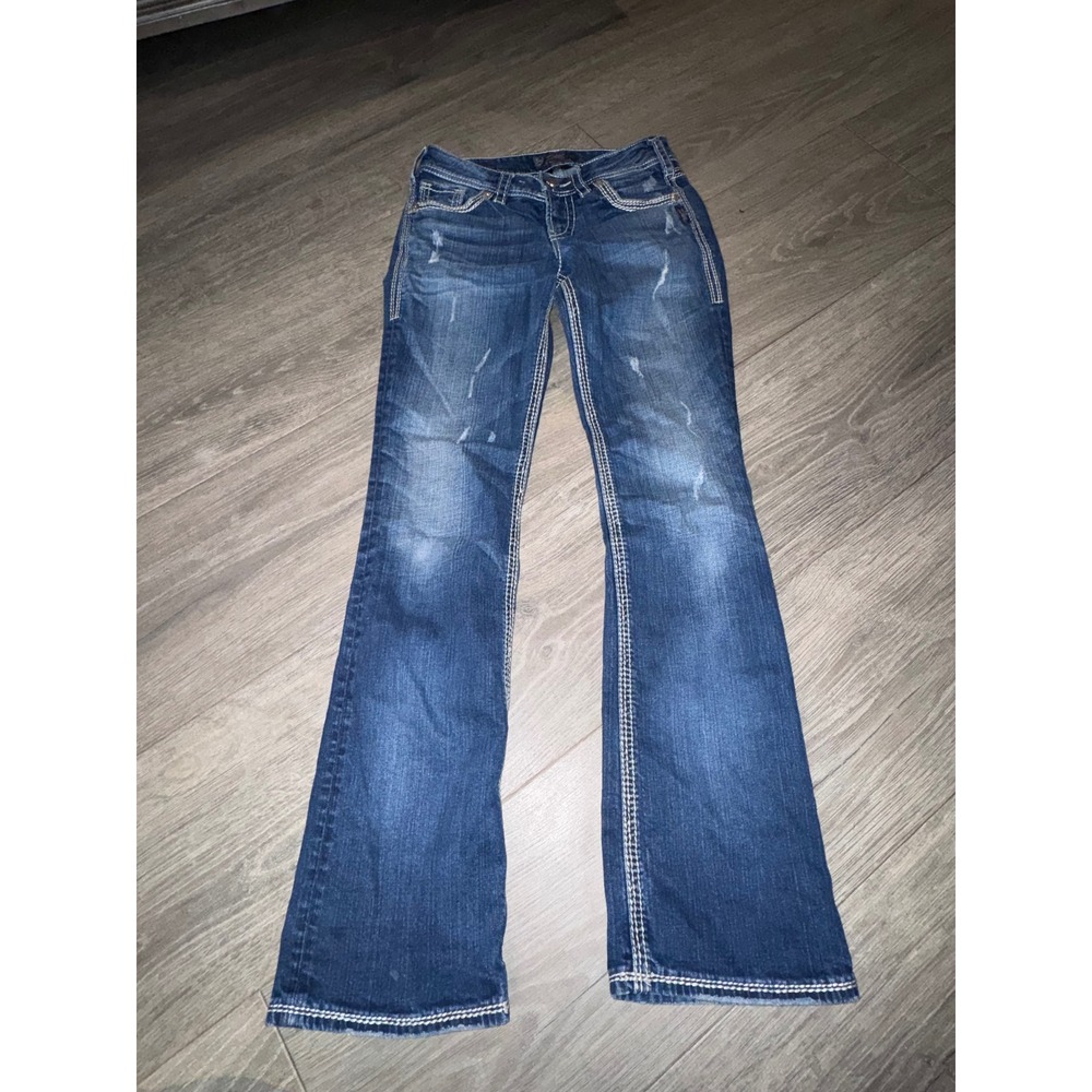 Silver Jeans Co Suki Mid Rise Bootcut Dark Wash Contrast Stitch Jeans 27 x 31.5